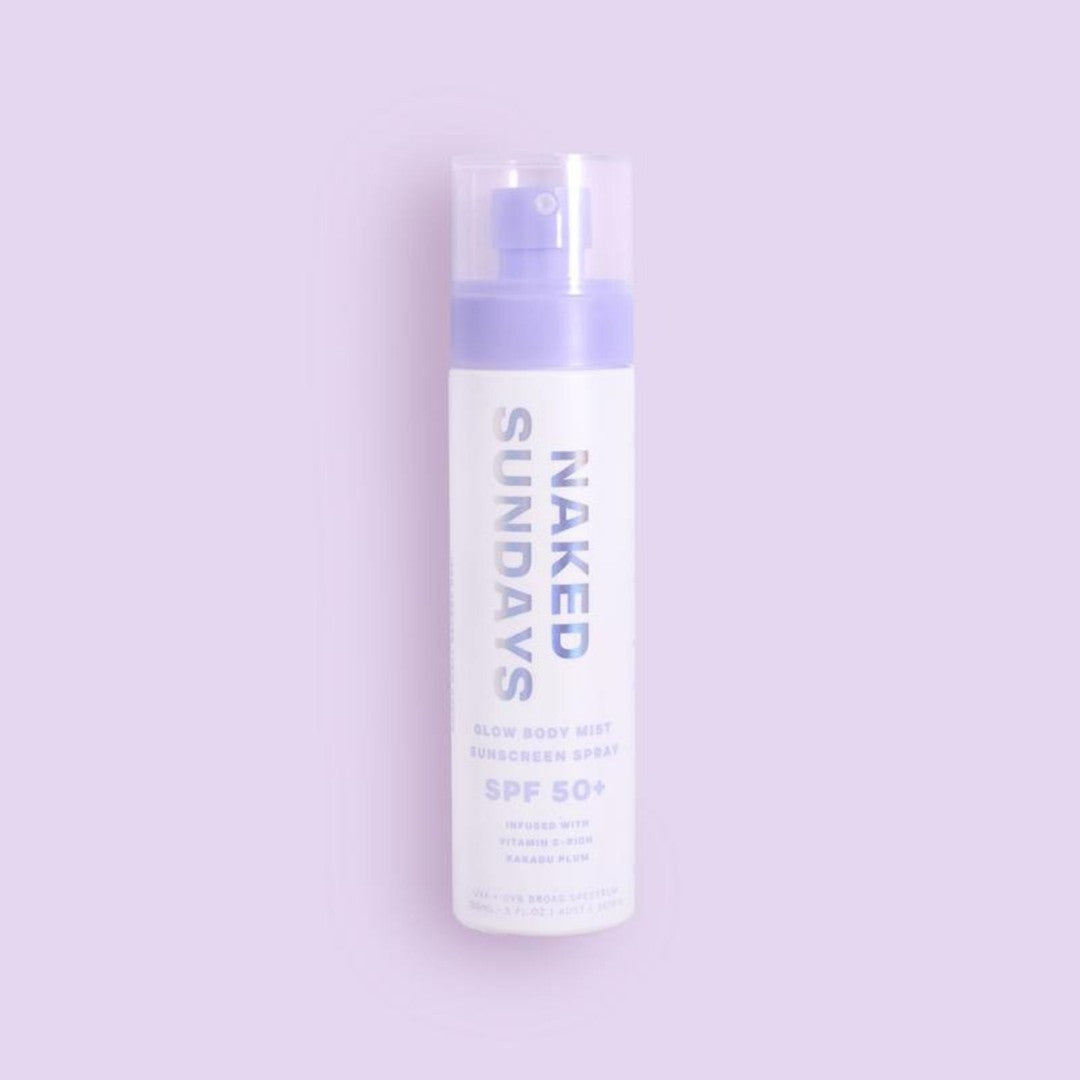 Glow Body Mist Sunscreen Spray on purple background