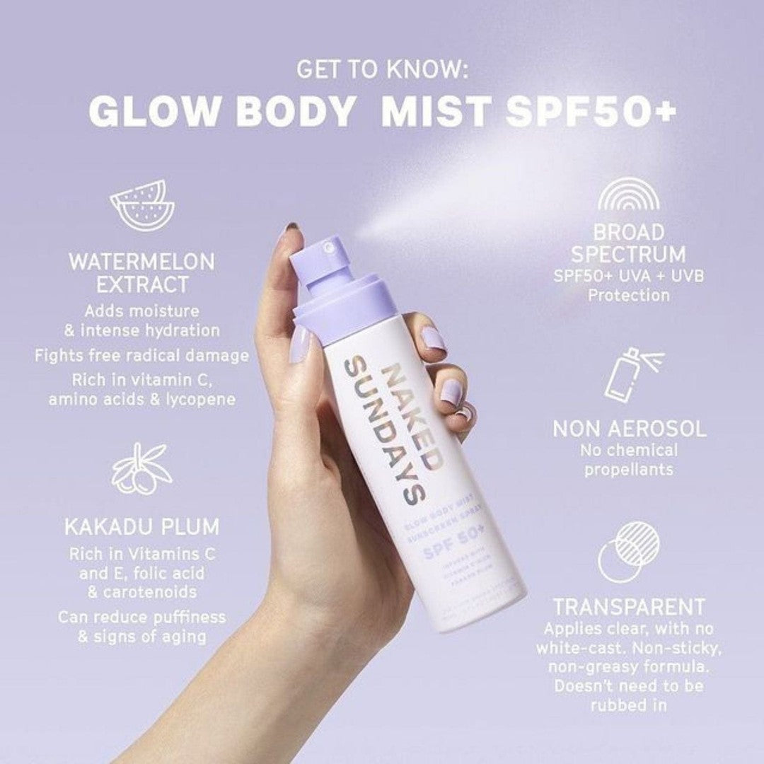 Glow Body Mist Sunscreen Spray with key details